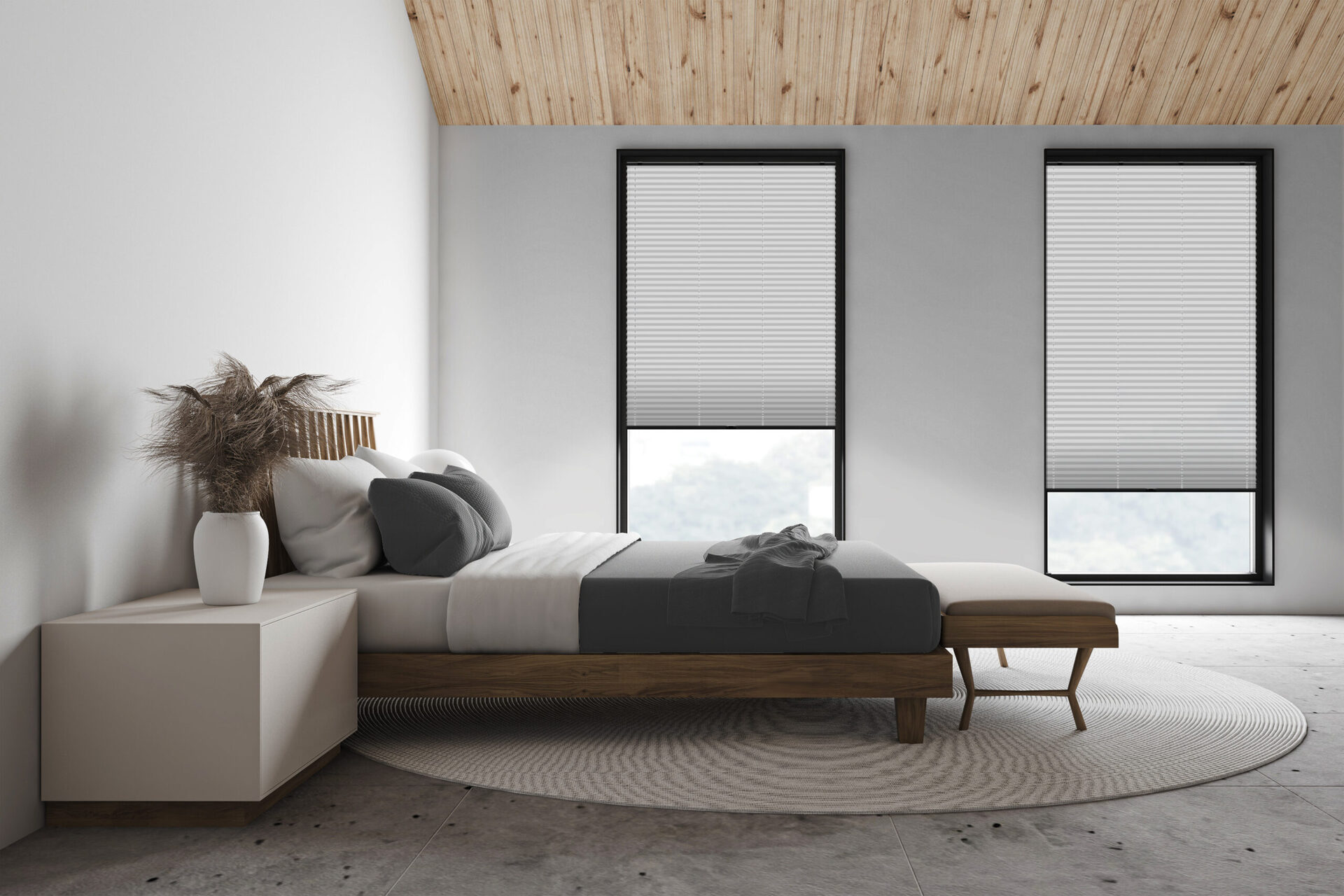 White attic master bedroom, side view