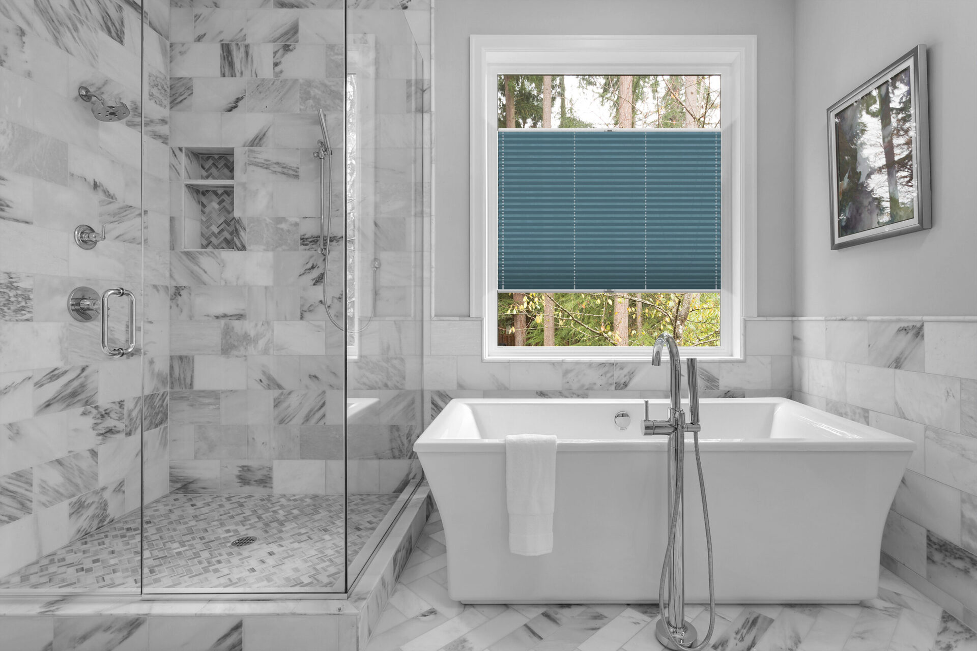 Bathroom with bathtub and shower in new luxury home with all gla